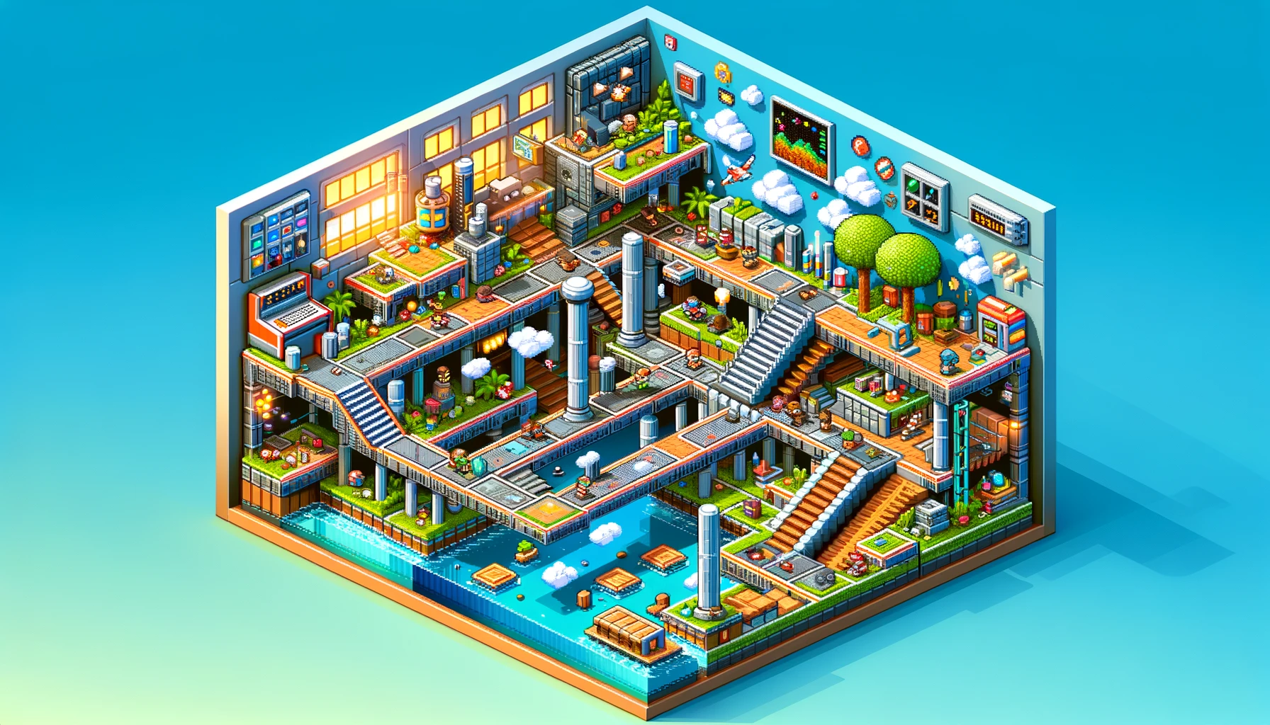 An isometric retro-looking 3D platformer computer game stock illustration